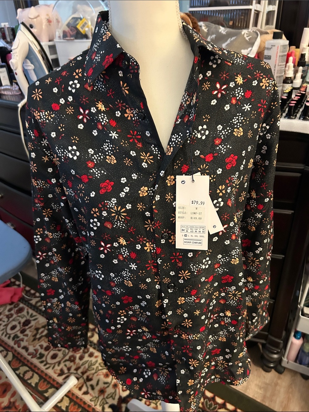 Men's Black Floral Button-Up Shirt - Brand: